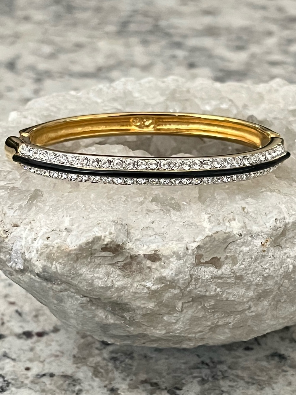Swarovski Gold-Plated Oval Hinged Bangle Bracelet With Crystal Row Black Enamel